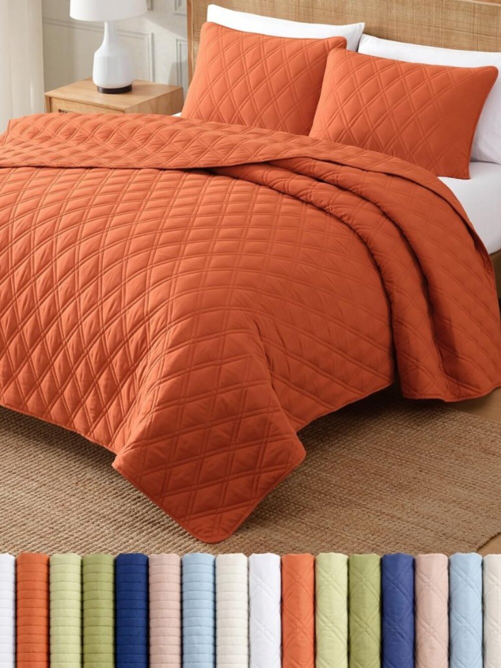 Quilt Set King Size - Boho Bed Set, Diamond Stitch - Terracotta, 106" x 96"